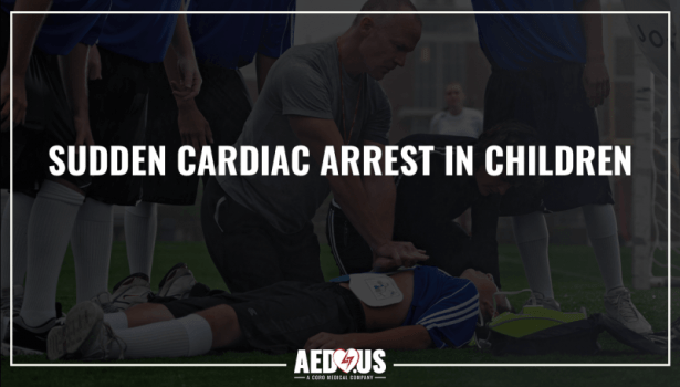 Black background with title- sudden cardiac arrest in children featuring soccer player unconscious