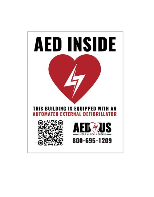 AED.US Branded "AED Inside" window decal with QR Code and Contact Information