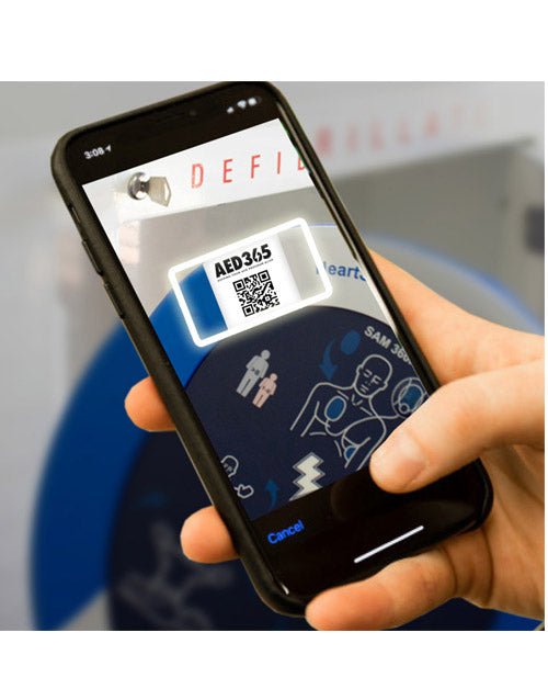 AED365: AED Program Management on screen of iphone in persons hand - AED.US