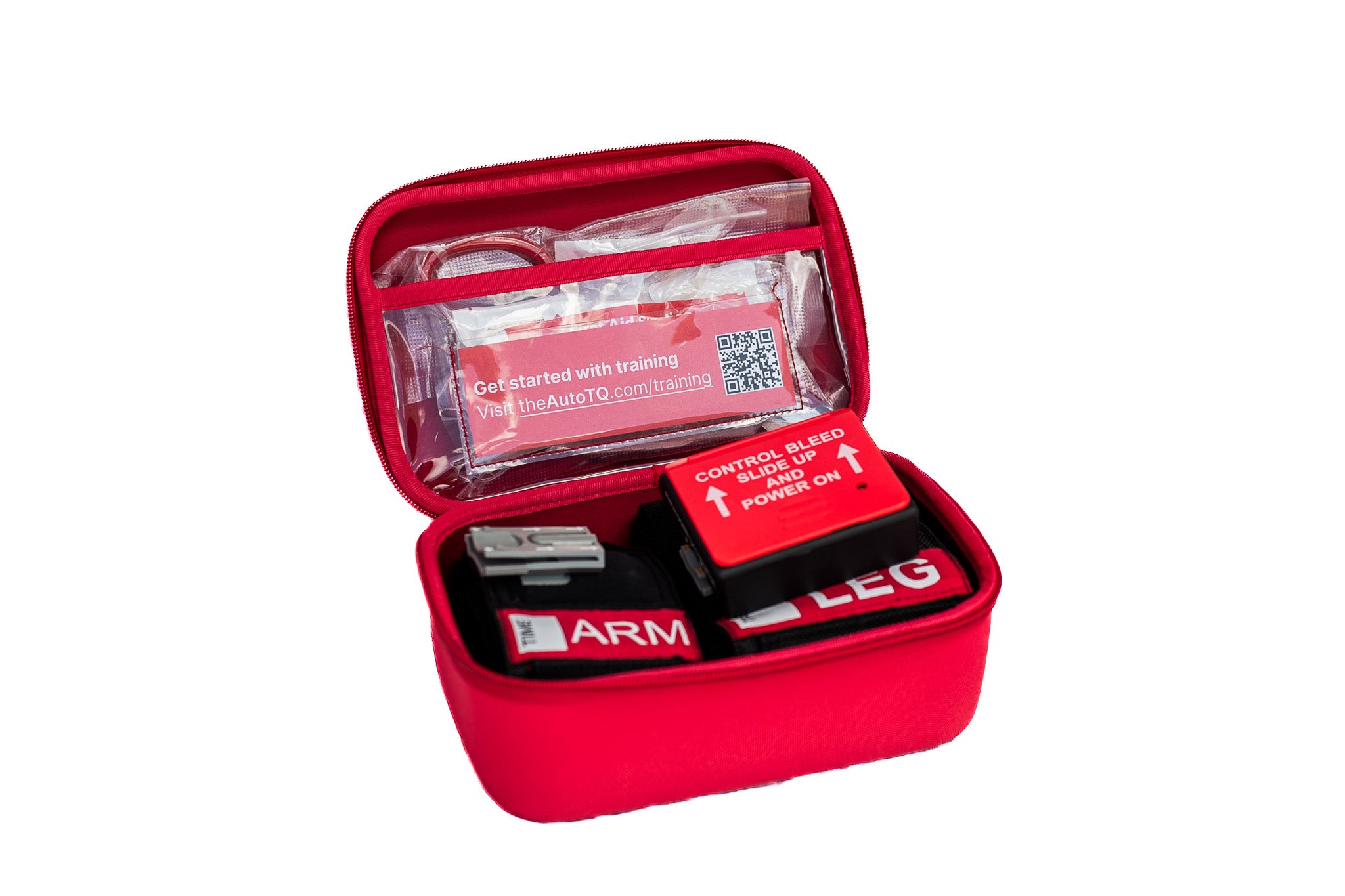 Red kit with AutoTQ device case with components on a white background