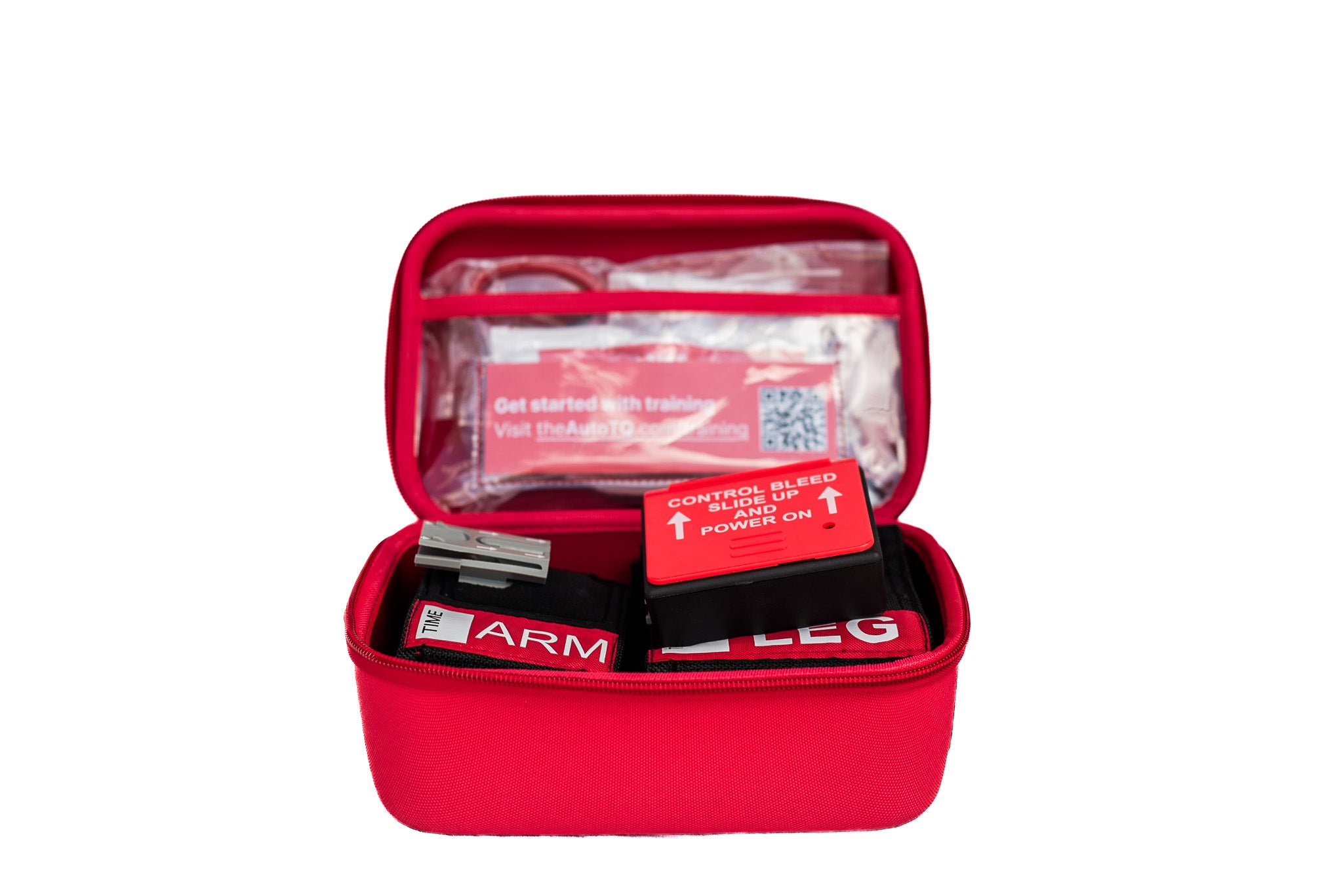 Red case with AutoTQ kit with supplies on a white background