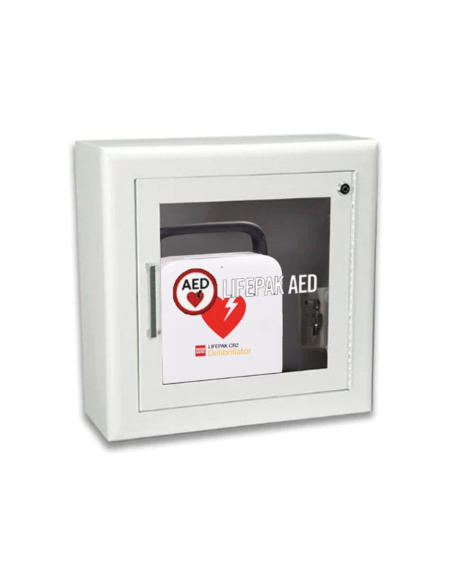 White wall-mounted first aid box with a red and white AED device inside on a white background