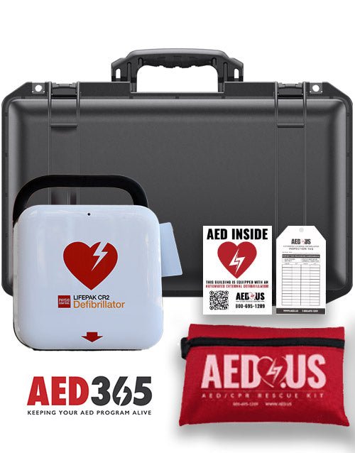 LIFEPAK CR2 USB/WiFi defibrillator kit with carrying case and accessories on a white background