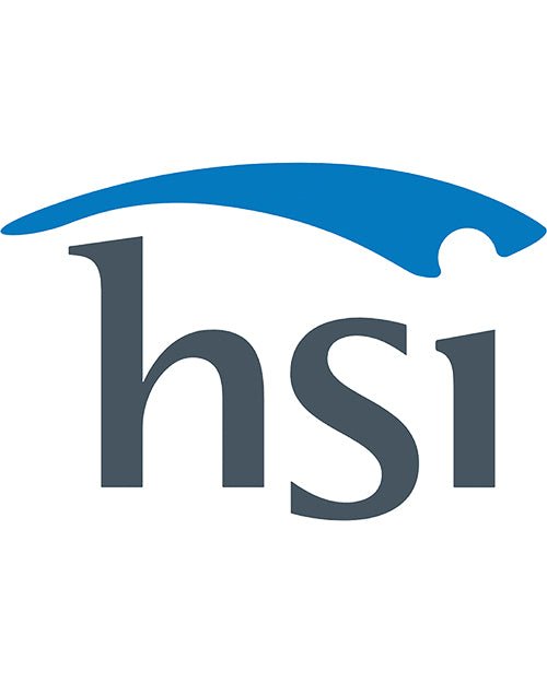 HSI Training Logo with gray letters and a blue arched design element above HSI - AED.US
