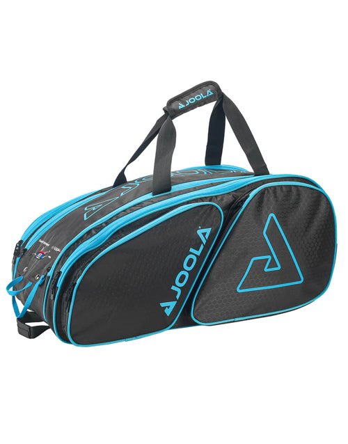 Joola Pickleball Tour Elite Backpack topside view with black cloth, blue trim and zippers and Joolah logo in blue - AED.US