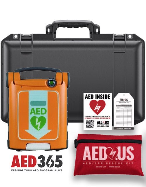 Orange Powerheart G5 AED with hardshell case and accessories on a white background