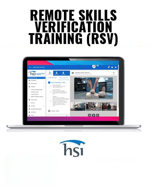 Laptop displaying a training interface with 'Remote Skills Verification Training (RSV)' text and HSI logo.