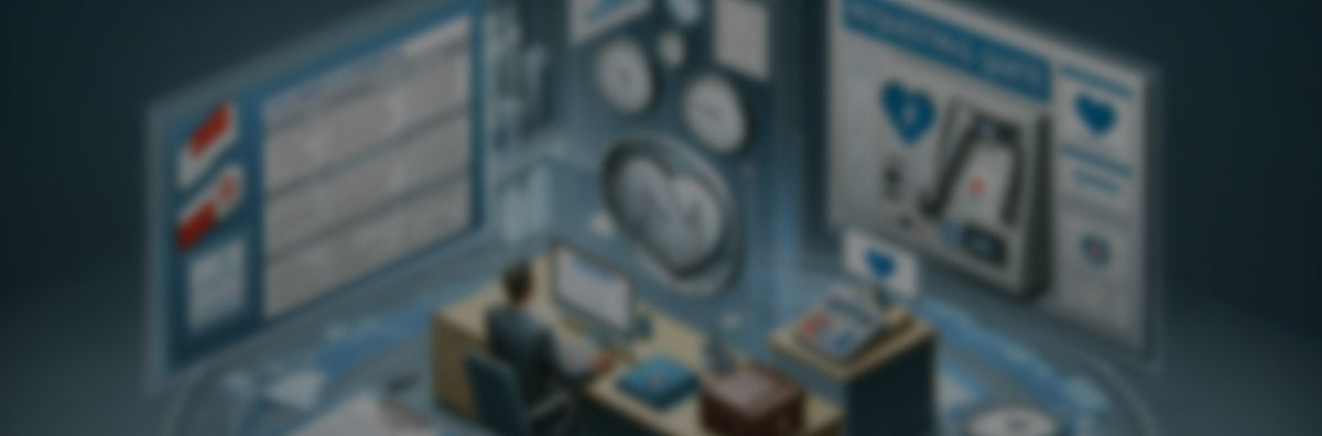 Faded image depicting a man at a desk viewing multiple computer screens with heart-related information on display.