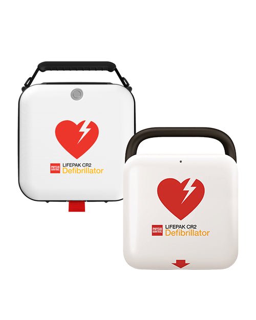 Two LIFEPAK CR2 Defibrillator units shown on a plain white background, one upright and one angled in front. The devices are white with black handles and trim, featuring a large red broken-heart logo with a lightning bolt, the LIFEPAK CR2 Defibrillator text, and a small red square logo.