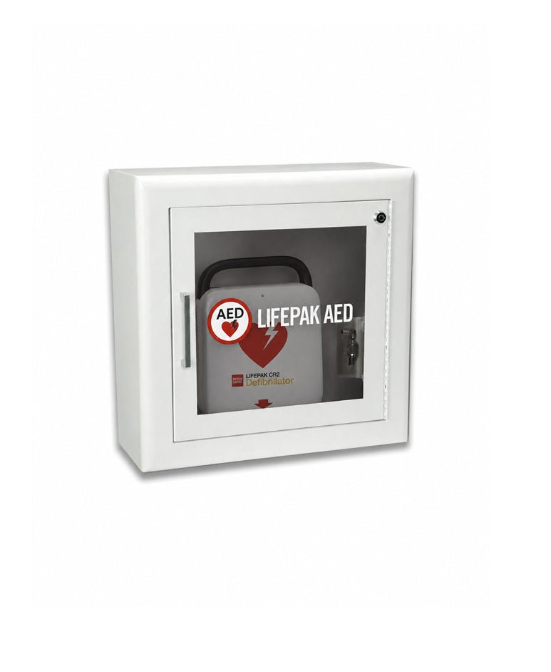 LIFEPAK CR2 in white metal standard AED wall cabinet