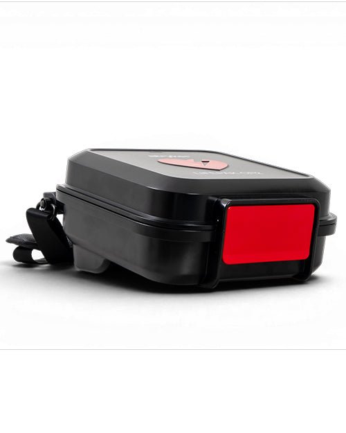 A black bicycle storage box with a red reflective panel on the side and a small red logo on top, shown on a white background.