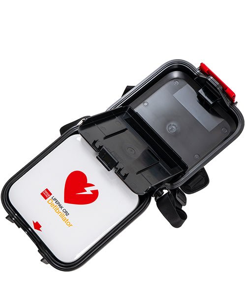 An open black waterproof case containing a white rectangular card with a red heart logo and the text 'Emergency Cardholder' in red and yellow, shown on a white background.