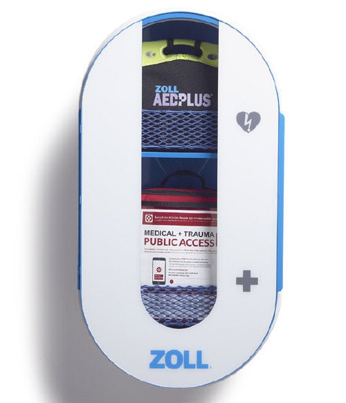ZOLL ResQSystem Safety Station front view closed with ZOLL AED Plus and Comprehensive Kit visible in cabinet window - AED.US