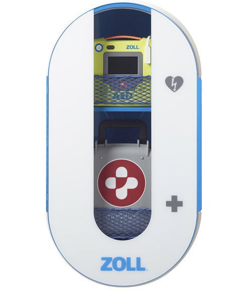 ZOLL ResQSystem Safety Station front view closed with ZOLL AED 3 and Comprehensive Kit visible in cabinet window - AED.US