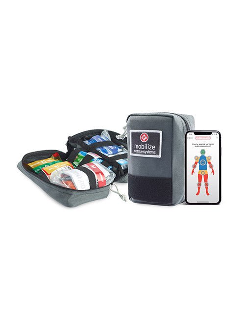 An emergency medical supplies kit from Mobilize Rescue Systems, including a variety of medical supplies and a smartphone app, displayed on a white background.