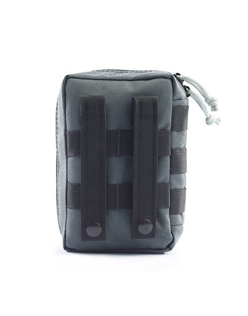The back side view of the mobilize trauma kit compact. black webbing and straps on a grey cloth kit