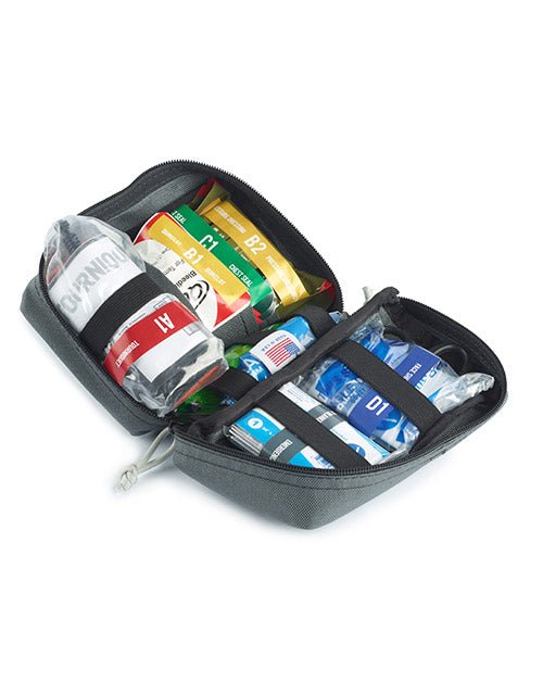 Open view at an angle of the Mobilize Rescue Systems compact kit - ZOLL Trauma Kit with contents color and number coded inside