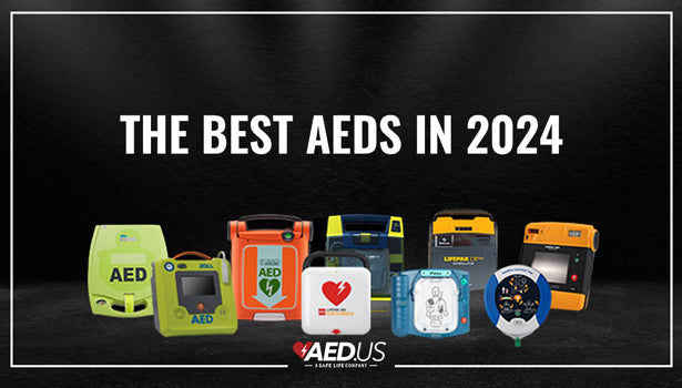 Collection of the Best AEDs in 2024 with a dark background, AED.us logo at the bottom with a white thin border