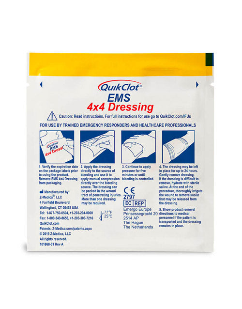 Z-Medica QuikClot® EMS 4x4 Dressing Back Packaging