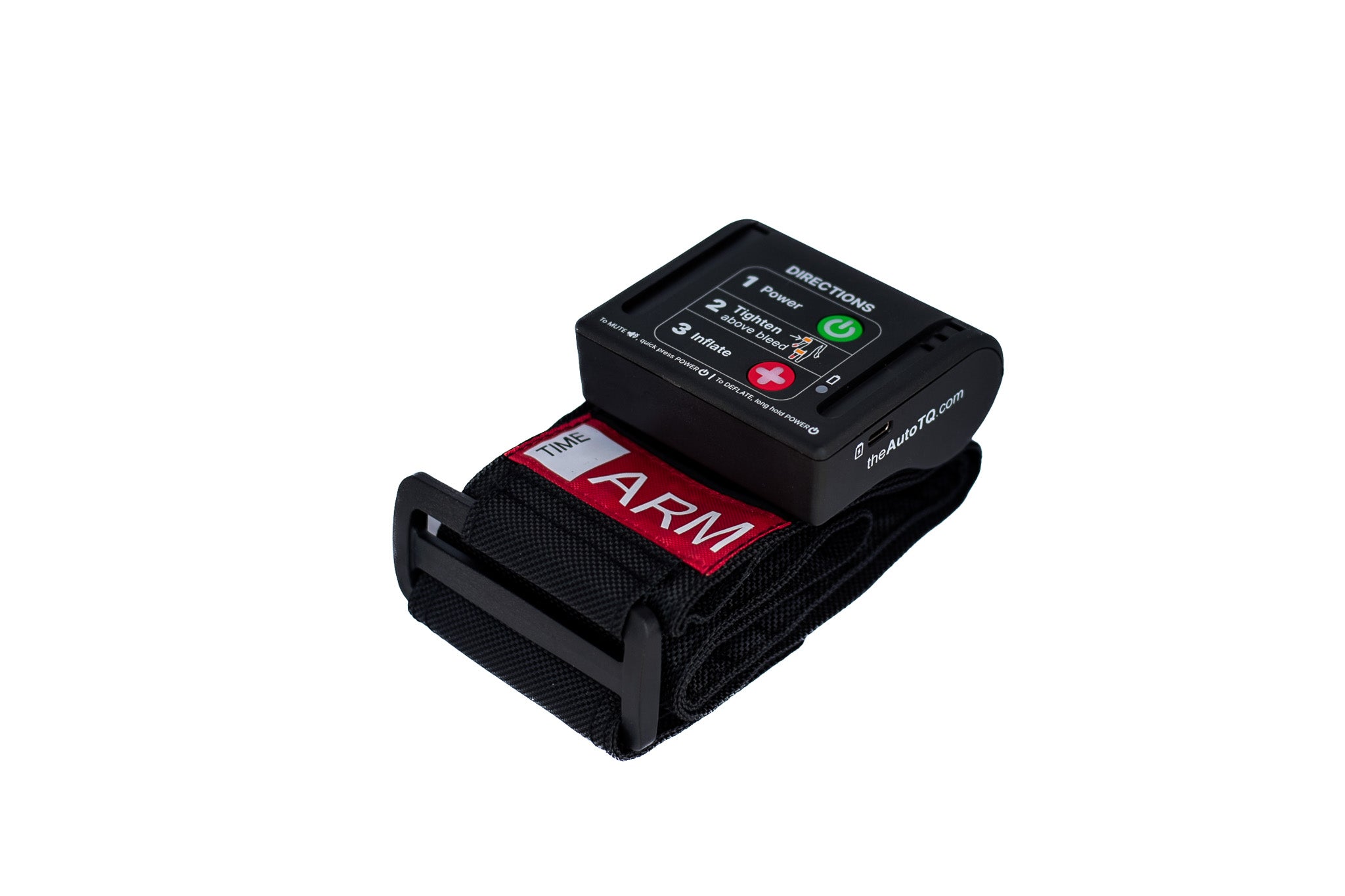 Black electronic device AutoTQ (automated tourniquet) with ARM branding on a white background