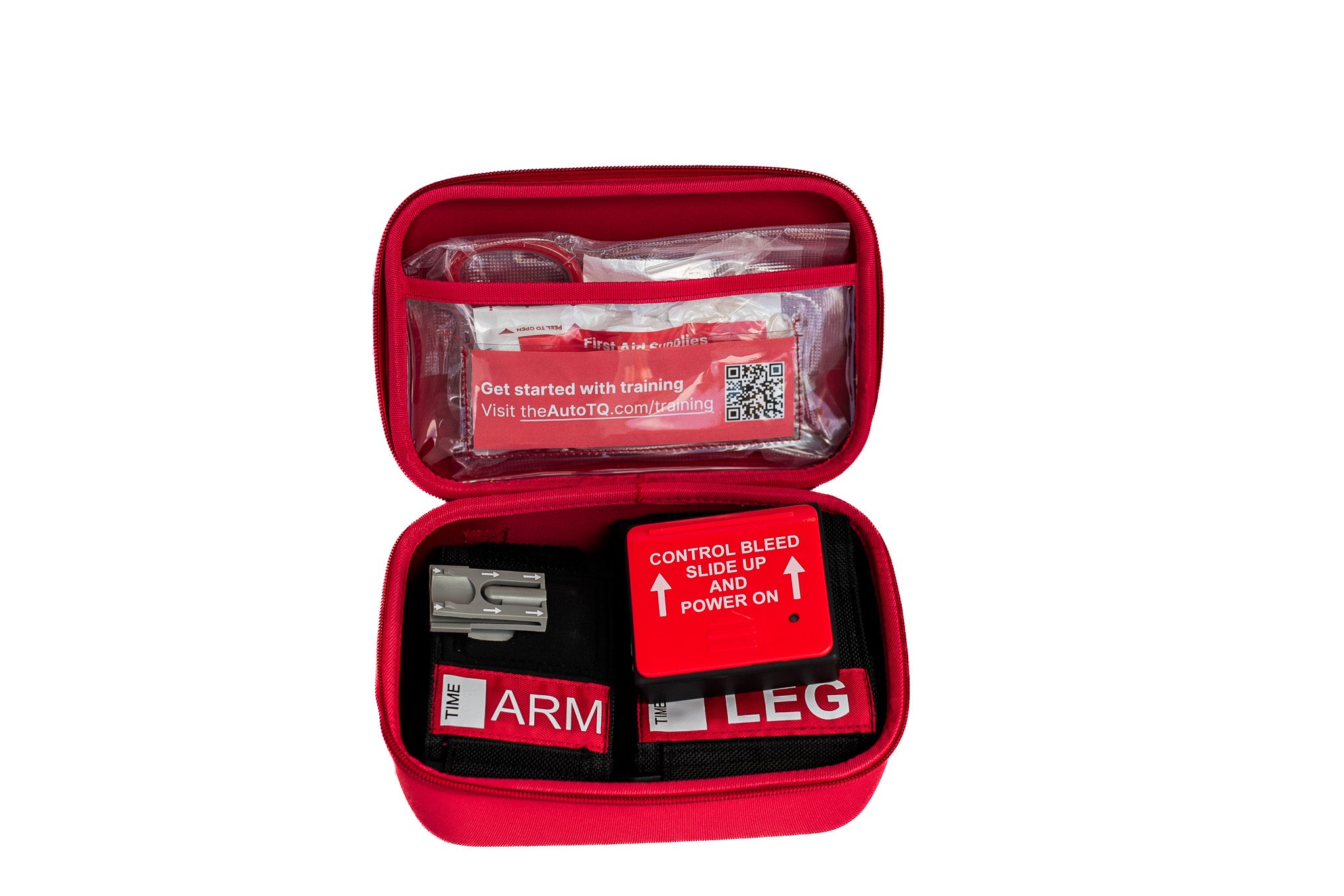 Red AutoTQ kit with various components on a white background