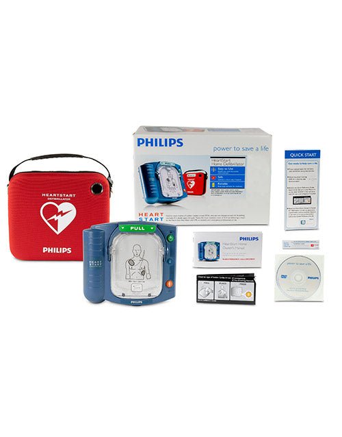 Philips HeartStart Home AED defibrillator with accessories on a white background