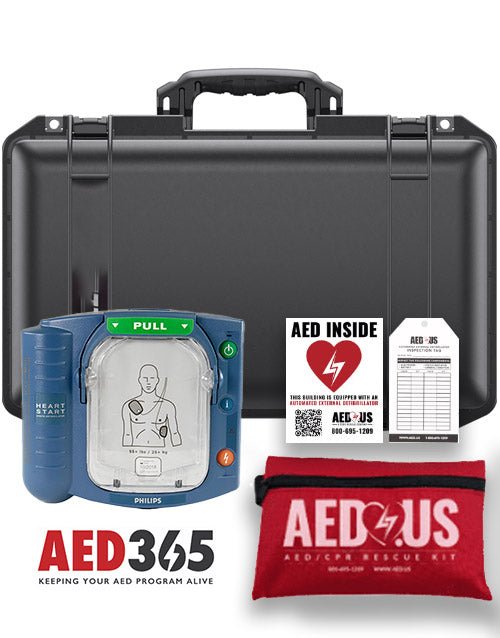 Blue Philips Onsite AED with hardshell case and accessories on a white background