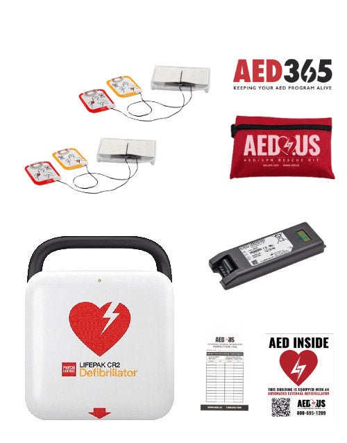Collection of AED components including a LIFEPAK CR2 AED, two sets of electrodes, a rescue kit, CR2 battery, inspection tag, and AED Inside sign, on a white background.