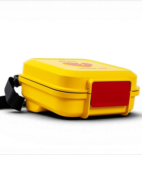 A bright yellow compact first-aid kit case with a red rectangular window on the side and a black strap, shown on a plain white background.