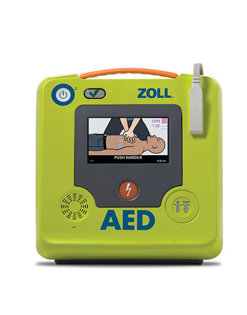 ZOLL AED 3 turned on with the words "Press Harder" and a graphic of a rescuer performing CPR on the color screen