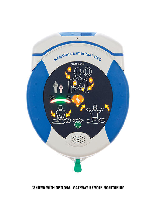 HeartSine samaritan PAD 450P front view with optional gateway remote monitoring