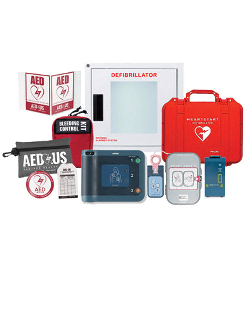 Philips Heartstart FRx Schools & Athletics Package - FRx AED, Pads, Battery, Inspection Tag, AED/CPR Rescue Kit, AED Inside Decal, Infant/Child Key, Bleeding Control Kit, choice of Hardshell Case or Wall Cabinet.